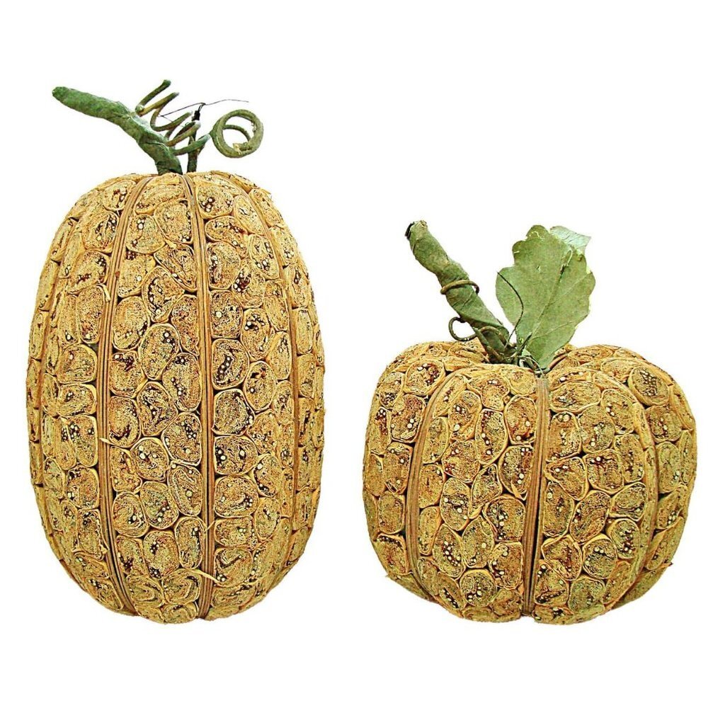 Set of 2 Pumpkins Fall Holiday Halloween Decor Decorations 10" & 8" Paper Seeds